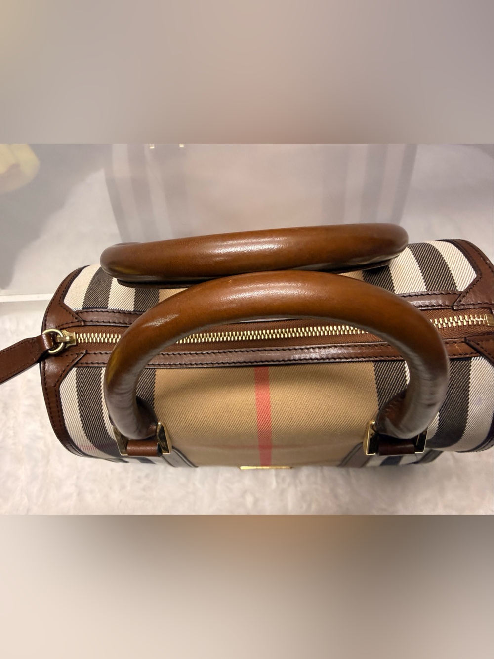 BURBERRY House Check Bowling Bag Brown Leather Handle - Picture 8 of 13